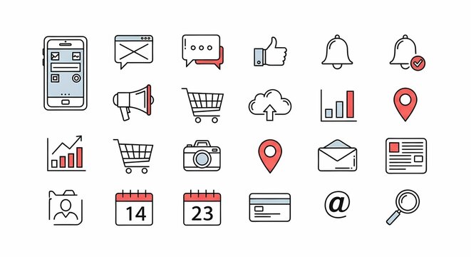 A collection of modern, flat-design icons representing various digital communication, social media, and business functions, including a smartphone, messaging...