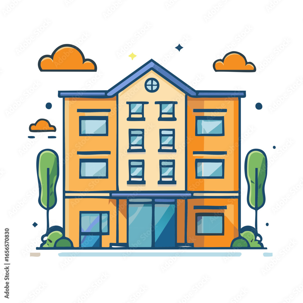 Poster modern building icon illustration with trees and clouds colorful minimal design