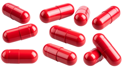 Red Capsules Grouped in Cluster and Scattered Layout, High-Detail PNG Set, Transparent Background