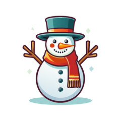 Cartoon Snowman Illustration Wearing Scarf and Hat with Buttons and Stick Arms