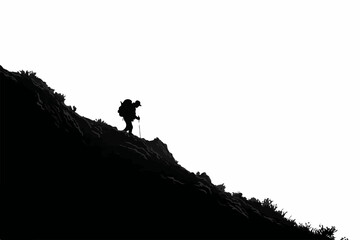 Obraz premium Mountain Hiker Silhouette Landscape VectorAdventure Hiking Scene with Mountains and ForestExplorer Standing on Cliff with Pine Trees and Peaks