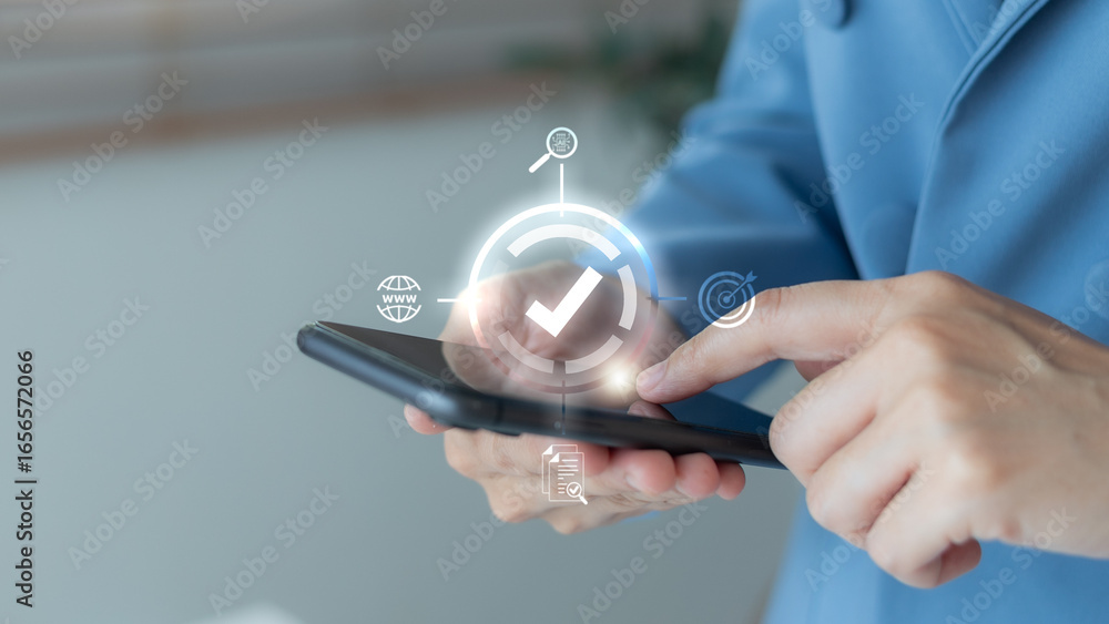 Aufkleber business person using smartphone with check mark icon and digital symbols. concept of online verific