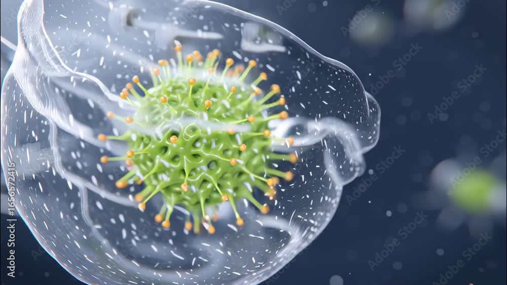 Poster microscopic view of a vibrant green virus particle surrounded by cellular structures and fluid eleme