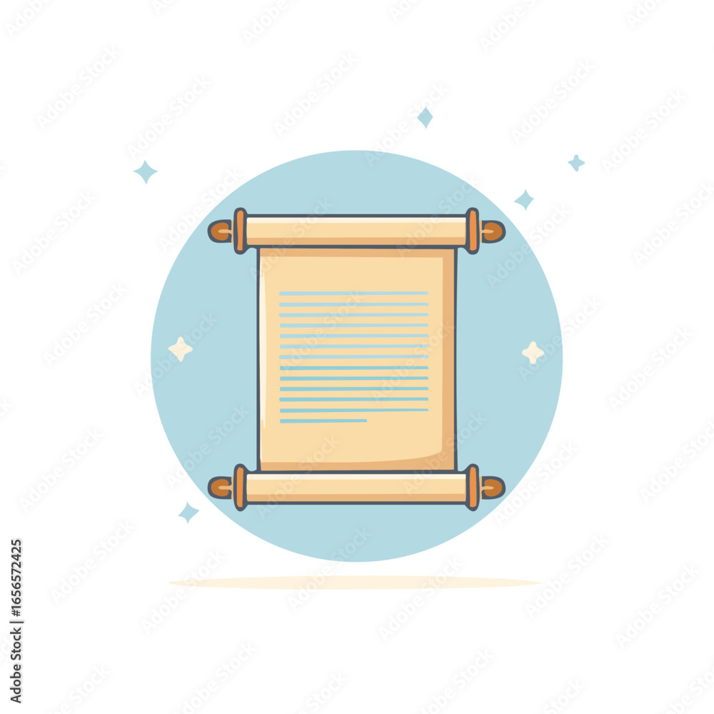 Poster cartoon paper scroll containing text displayed on a light blue circle.