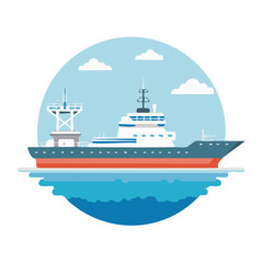 Fototapeta premium Large Cargo Ship Sailing on the Open Ocean Surrounded by Clouds and Blue Sky Flat Vector Design