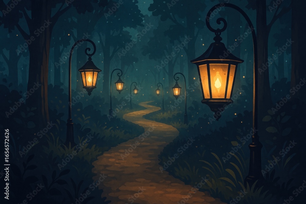 Poster enchanting forest path with lanterns