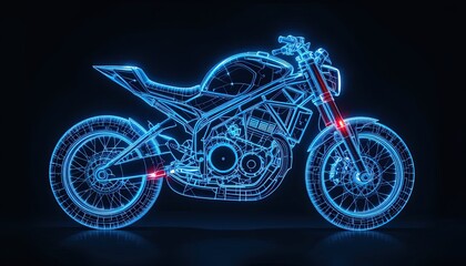 A futuristic motorcycle, outlined in vibrant neon blue lines, showcases its intricate design against a striking black backdrop.
