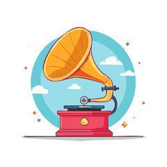 Vintage phonograph with vinyl record, horn speaker, music player with illustration style