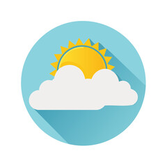 Illustration of a sun partially hidden behind a cloud on a light blue circle with a flat design and long shadow