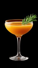 Fototapeta premium Elegant Amber Cocktail in a Stemmed Glass with a Sprig of Fresh Herb on Black Background