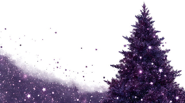 dark purple Christmas tree card background with stars isolated on white background, HD realistic