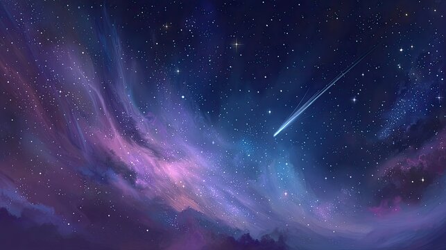 A vibrant night sky filled with swirling nebulae and a shooting star