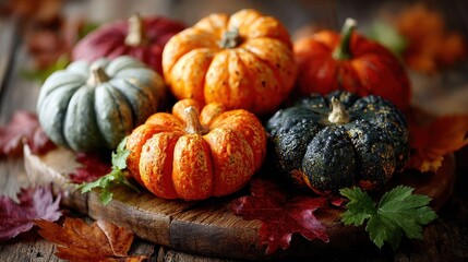 Colorful Autumn Pumpkins and Gourds on Rustic Wooden Board