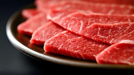 Fresh raw beef slices with fine marbling texture arranged on brown ceramic plate against dark background, macro shot showing meat grain structure.