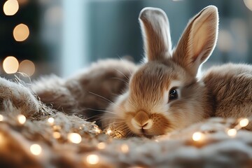 Adorable brown bunny lying on soft blanket surrounded by warm glowing fairy lights creating cozy holiday atmosphere, close up portrait with bokeh effect background.