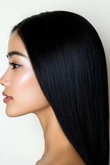 Fototapeta premium Side profile of young Asian woman with long straight black hair showing smooth skin and natural makeup against white background for beauty and haircare.