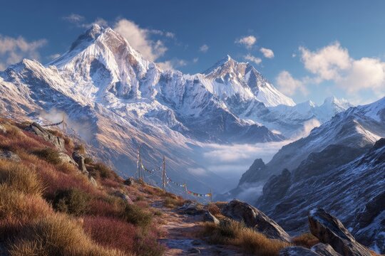 Snow peaks of Mount Everest at sunrise &ndash; glowing Himalayan mountains from base camp adventure perspective