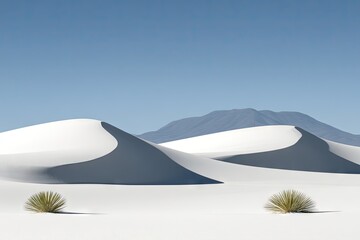 Vast white sand dunes, gentle slopes, a distant mountain range, pale blue sky
