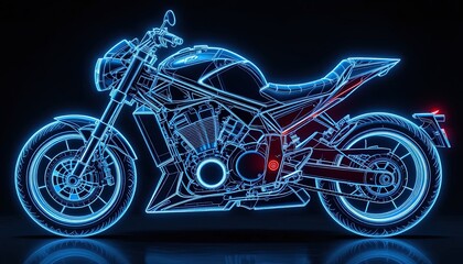 A futuristic motorcycle design, highlighted in vibrant blue neon lines, showcasing intricate details and a dynamic profile against a dark backdrop.
