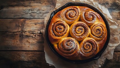Freshly baked cinnamon rolls in cast iron pan on rustic wooden background, homemade sweet pastry with golden brown swirls and sugar glaze.