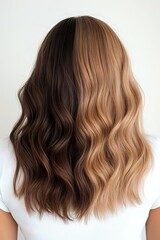 Naklejka premium Back view of wavy brown to blonde ombre hair showing modern balayage technique and professional salon coloring result on medium length hairstyle.