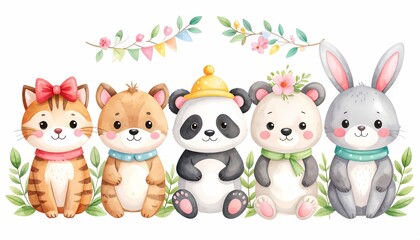 Naklejka premium Adorable watercolor illustration of five cute, anthropomorphic animals, including a cat, fox, panda, bear, and rabbit, sitting together with floral and festive bunting overhead.