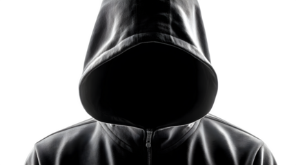 digital hacker with face hidden in shadows isolated on white background, HD realistic