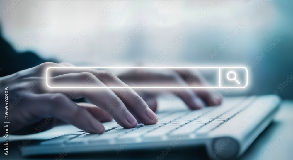 Aufkleber closeup of hands typing on a computer keyboard with a glowing search bar and magnifying glass icon, 