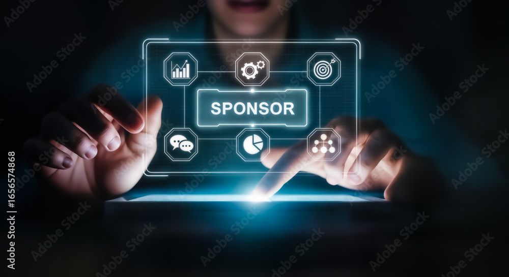 Poster sponsor concept with icons and data visualization on a futuristic digital interface, highlighting bu