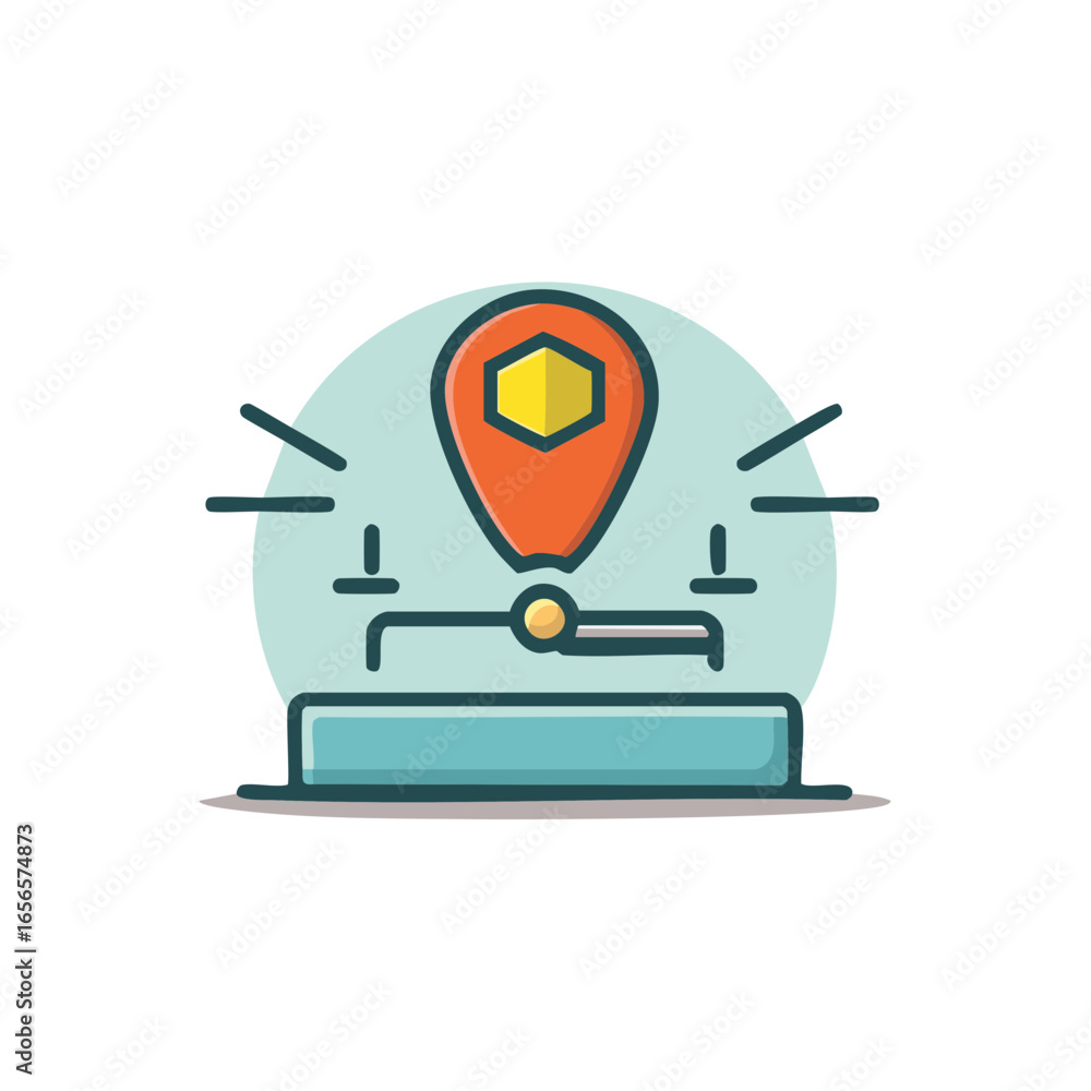 Poster cartoon location pointer indicates position on virtual map; geometric symbolization