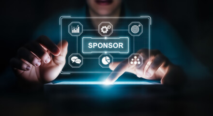 Sponsor concept with icons and data visualization on a futuristic digital interface, highlighting business partnership and marketing strategy