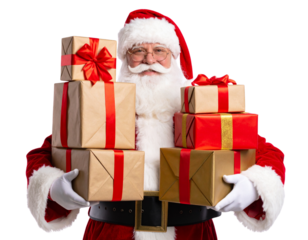 “Santa Claus Holding Sparkling Gift Boxes with Stacked Christmas Presents Behind, isolated on transparent background”.
