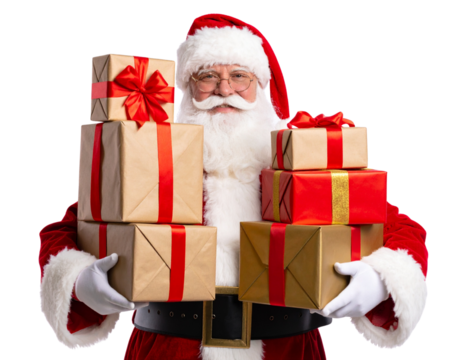 “Santa Claus Holding Sparkling Gift Boxes with Stacked Christmas Presents Behind, isolated on transparent background”. - Powered by Adobe