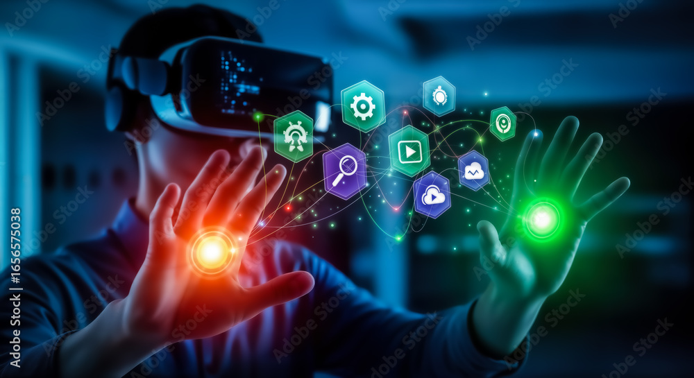 Poster person wearing a vr headset interacting with a futuristic digital interface with glowing icons repre