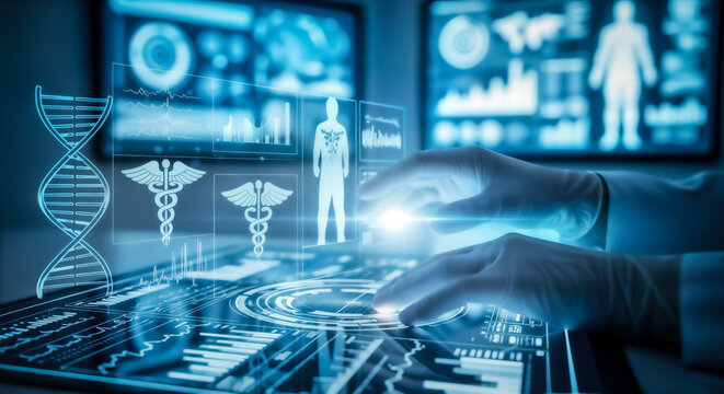 Doctor using futuristic holographic interface with medical data, dna helix, and human anatomy for advanced healthcare and scientific research