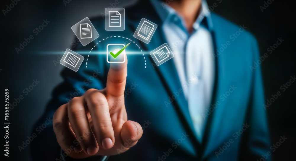 Poster businessman in a blue suit interacting with a digital interface, selecting a document icon with a ch