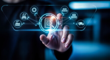 Futuristic digital interface showcasing interconnected industrial icons, representing automation, logistics, and supply chain management, with a hand interacting with the technology