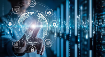 Businessman touching a glowing digital globe with interconnected icons representing technology, data, security, and global business networks, symbolizing digital transformation and connectivity