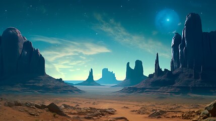 Cinematic view of Monument Valley under a clear galactic canopy, rich turquoise and indigo nebulae contrasting with golden-brown desert below