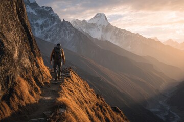 Fototapeta premium Backpacker navigating narrow ridge in Nepal Himalayas, golden hour light on Everest and Annapurna peaks