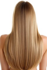 Fototapeta premium Long straight blonde hair from back view showing healthy smooth texture and natural highlights. Ideal for beauty and haircare advertising.