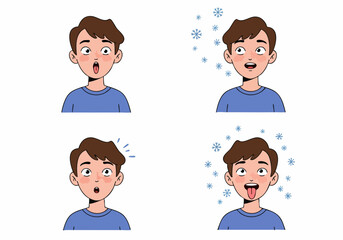 Cartoon boy's expressions: surprised, cold, and playfully catching snowflakes, depicting various feelings and winter sensations.