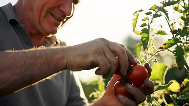 Senior Farmer Hands Picking Ripe Red Tomatoes in Golden Sunlight Garden