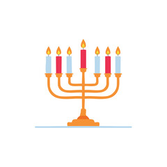 Menorah with lit candles on a white background representing the festival of Hanukkah holiday