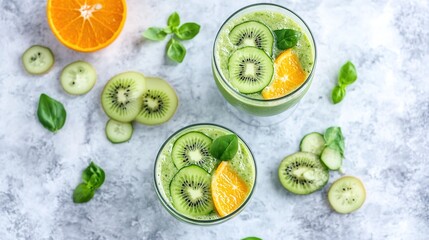 Two Glasses of Fresh Kiwi Smoothie on Dark Background with Kiwi Slices, Appetizing and Refreshing