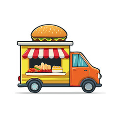 Cartoon Food Truck with Burger on Top and Red Striped Awning Serving Fast Foods and Desserts