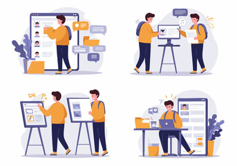 Young professionals engaging in digital work, online collaboration, project management, and e-learning activities using modern technology. Flat vector illustration concept.