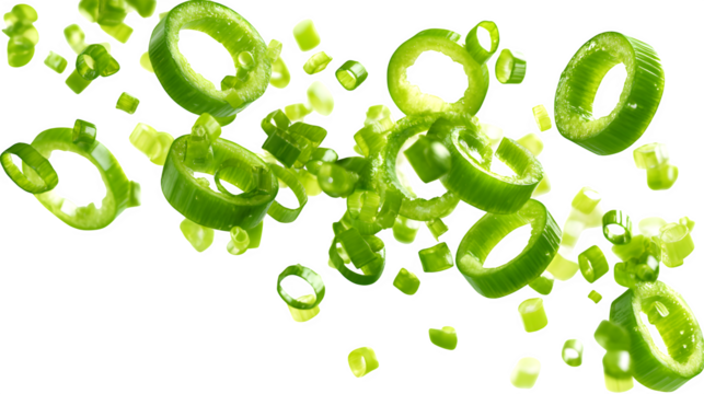 falling chopped green onion rings isolated on white background, HD realistic