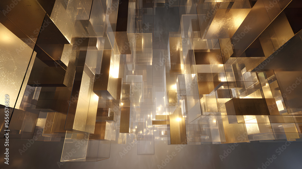 Poster abstract geometric composition of golden and transparent rectangles creates a modern dimensional bac