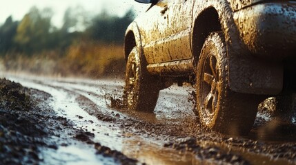 Fototapeta premium A muddy off-road vehicle splashes through a wet terrain, showcasing adventure and exploration.